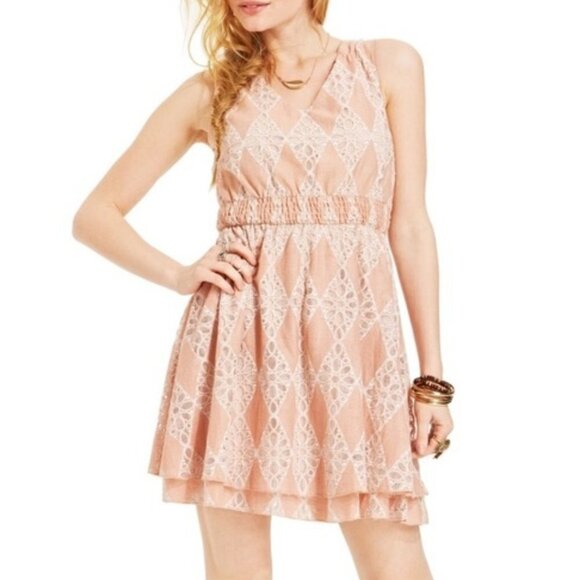 Pink Lace Dress Boho V-neck A-line Small American Rag Sleevless - Picture 1 of 15